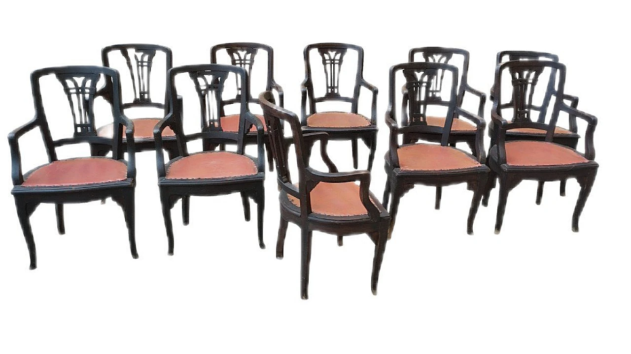 10 Armchairs in oak and fabric, 19th century 1