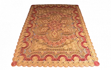 Rectangular straw rug in red & orange with floral motif, 1980s