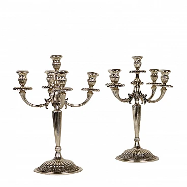 Pair of five-flame candle holders in beveled & chiseled silver