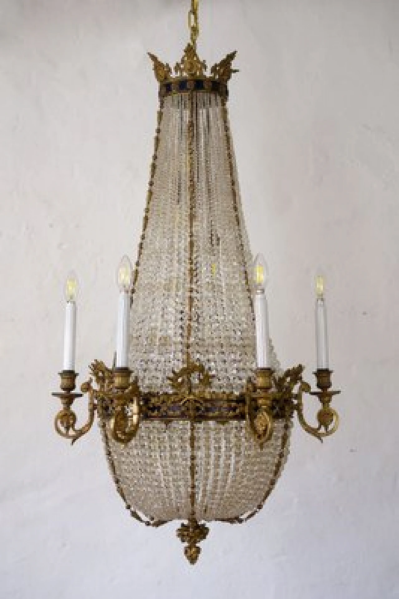 Lampadario stile Impero in bronzo e cristallo, fine '800 1