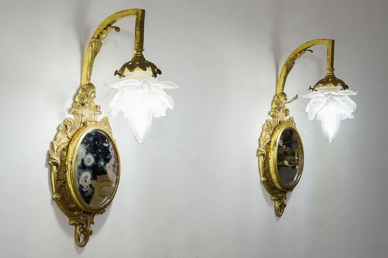 Pair of Louis XVI style brass and glass wall lights, 1920s 2