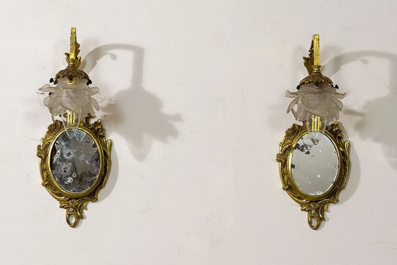 Pair of Louis XVI style brass and glass wall lights, 1920s 3