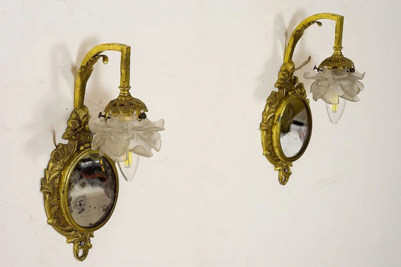 Pair of Louis XVI style brass and glass wall lights, 1920s 5