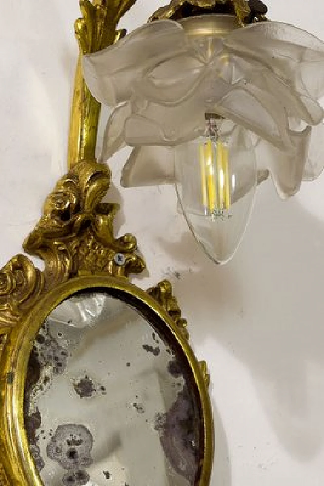 Pair of Louis XVI style brass and glass wall lights, 1920s 6