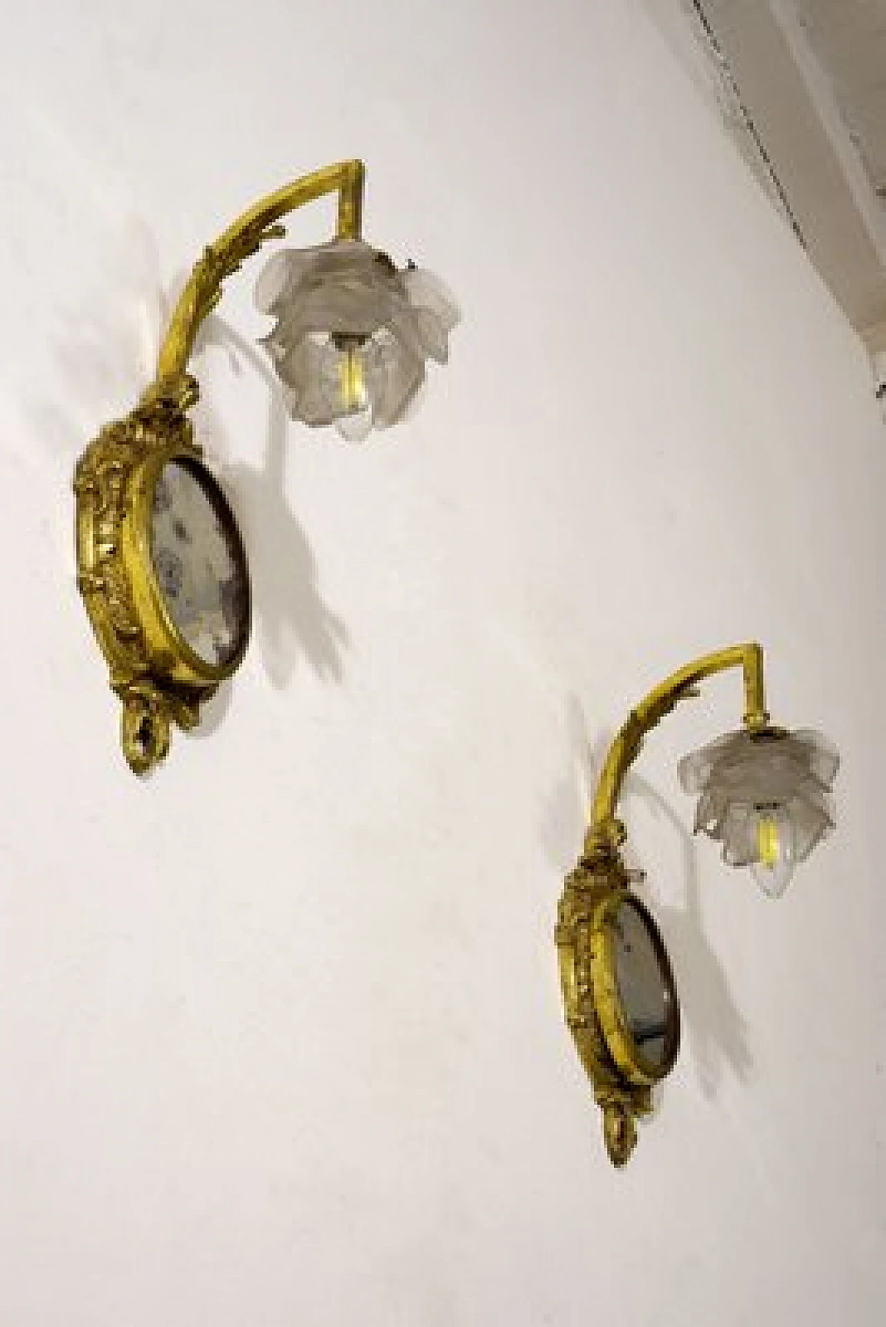 Pair of Louis XVI style brass and glass wall lights, 1920s 7