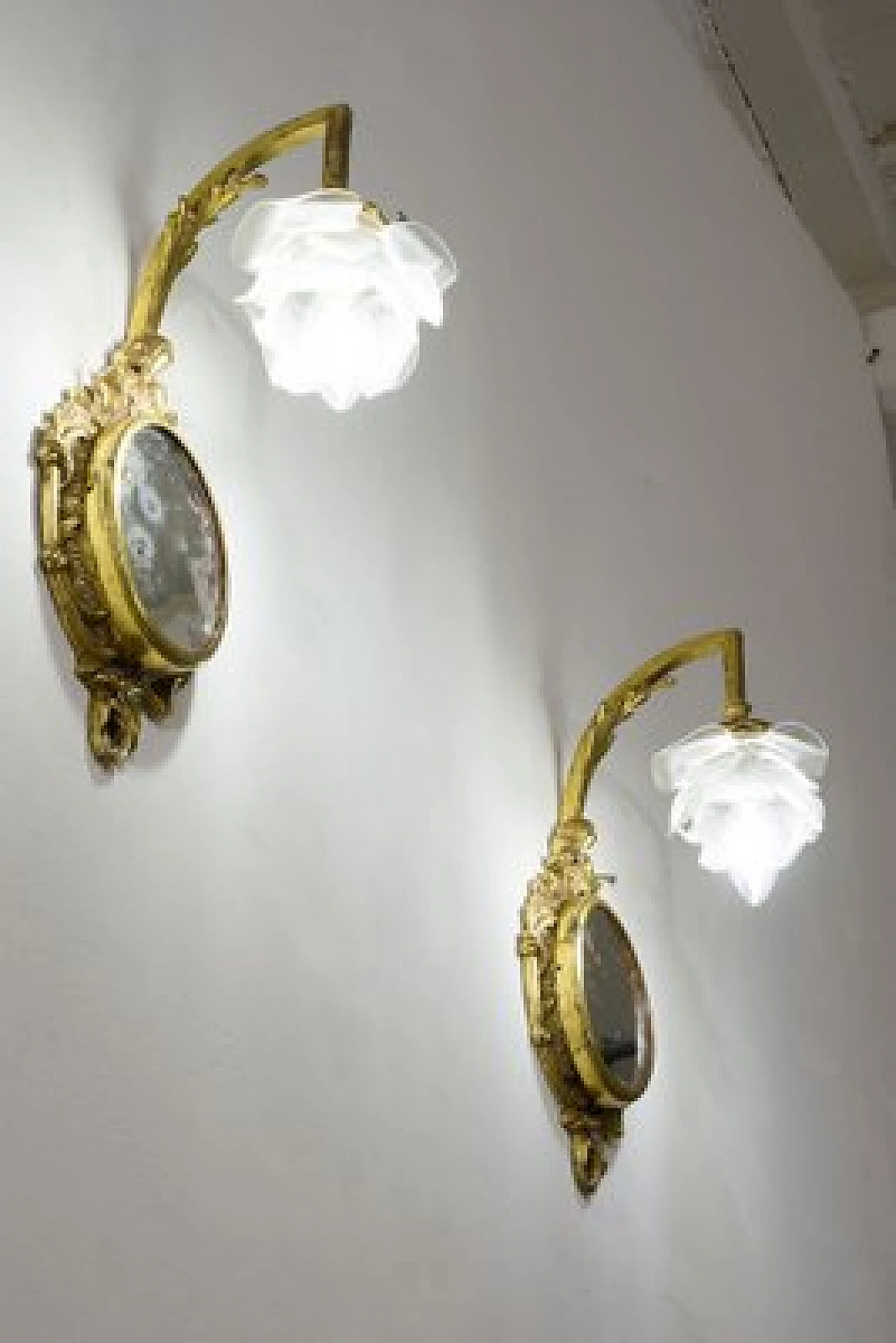 Pair of Louis XVI style brass and glass wall lights, 1920s 8