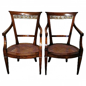 Pair of King walnut and Vienna straw chairs in Empire style