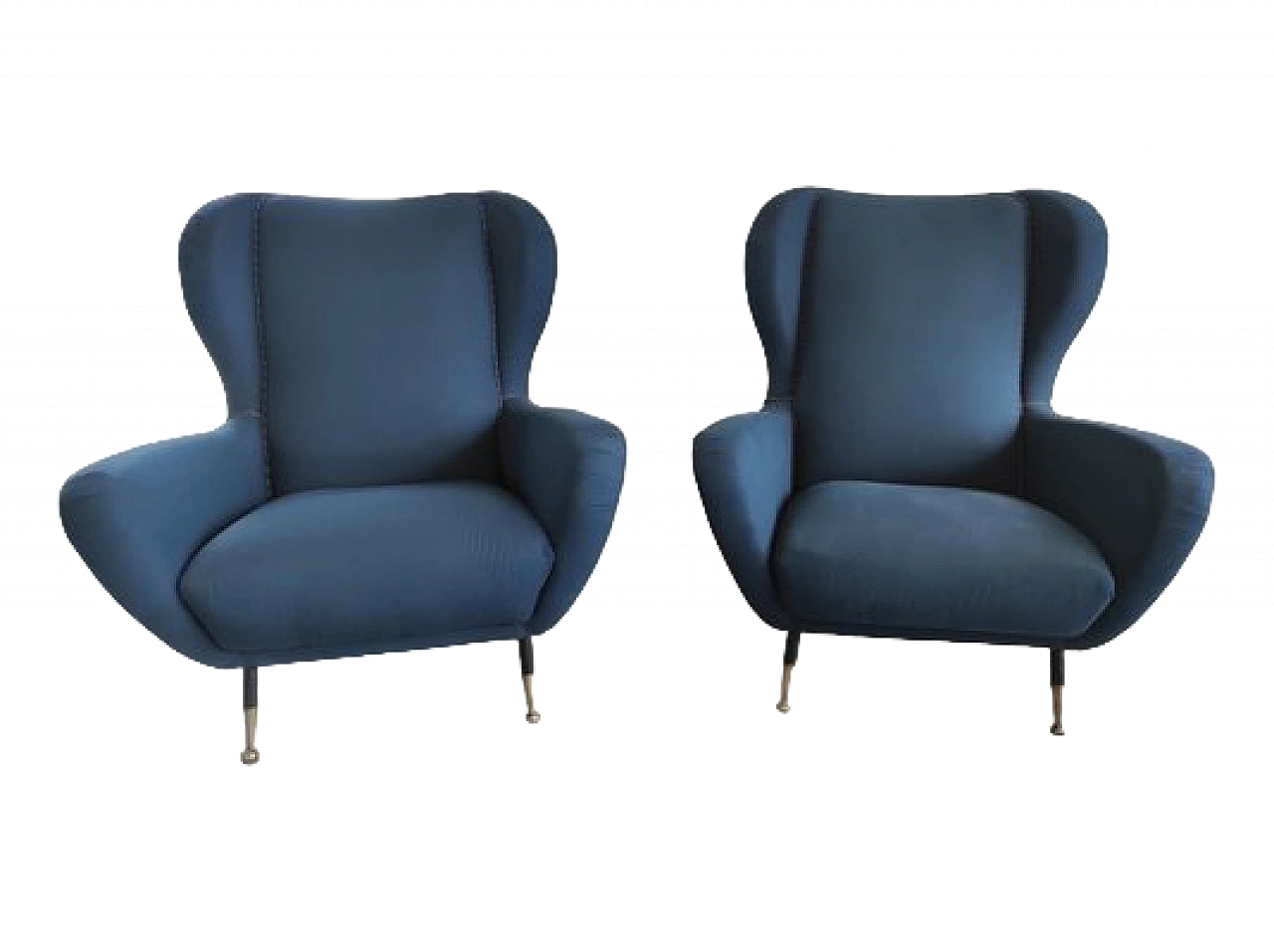 Pair of brass and blue fabric armchairs, 1960s 9