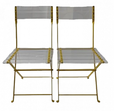 Coppia di sedie pieghevoli in metallo giallo e plexiglass, anni '70
