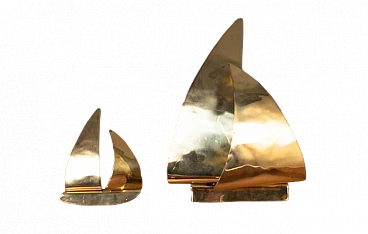 Pair of golden metal sailing boats, 1980s