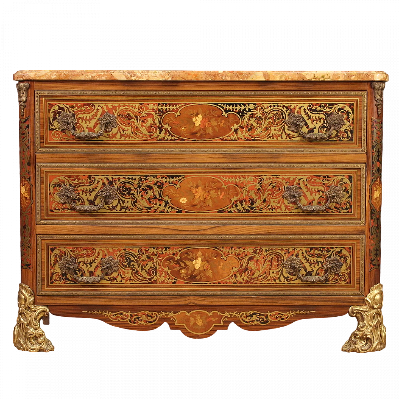 Boulle style inlaid wood, bronze and marble commode, 1960s 13