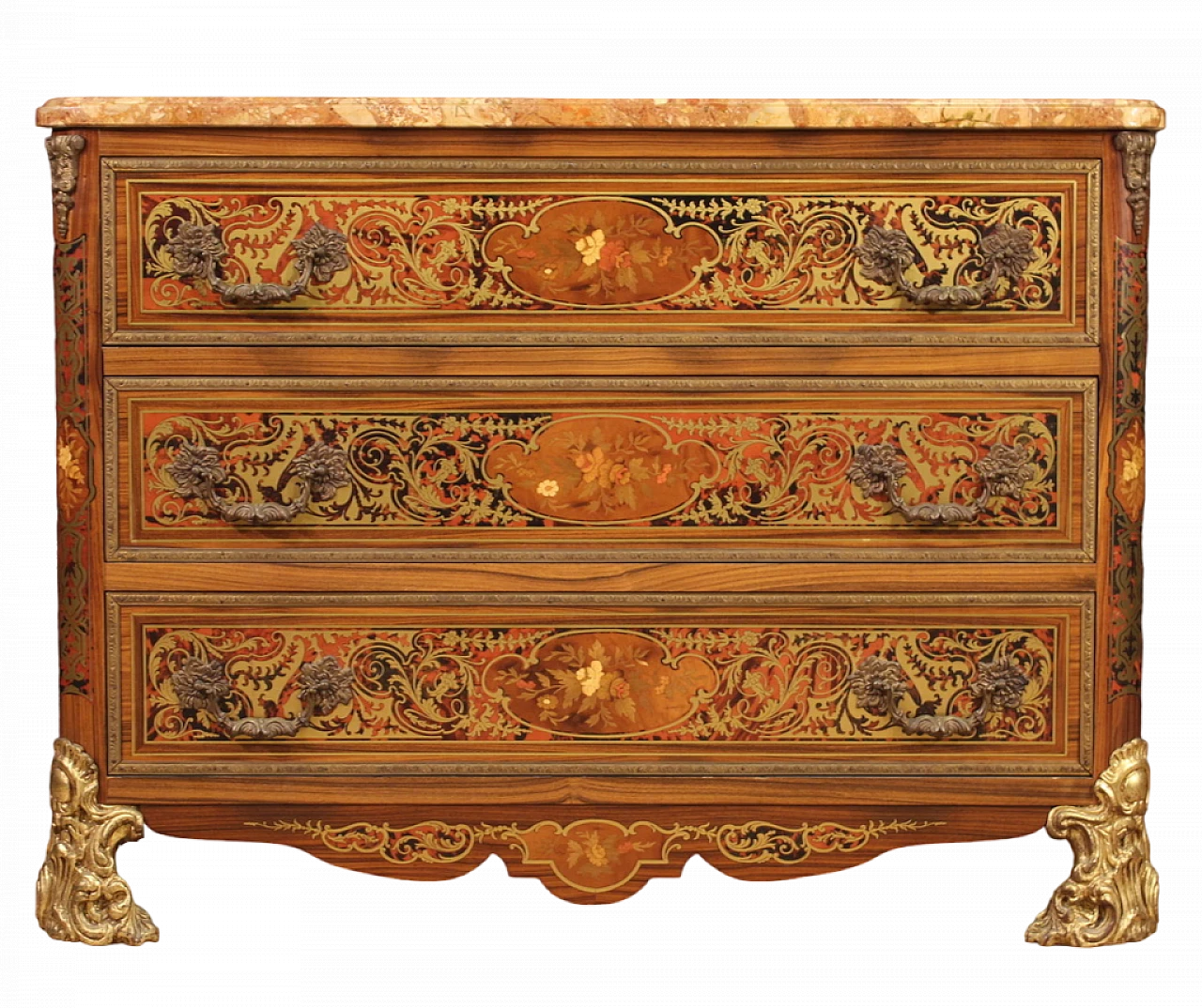 Boulle style inlaid wood, bronze and marble commode, 1960s 14