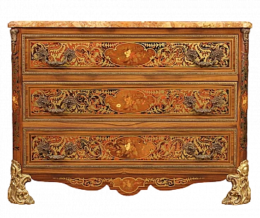 Boulle style inlaid wood, bronze and marble commode, 1960s