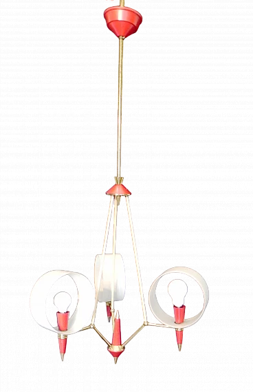 Space Age brass, red plastic and glass chandelier, 1970s