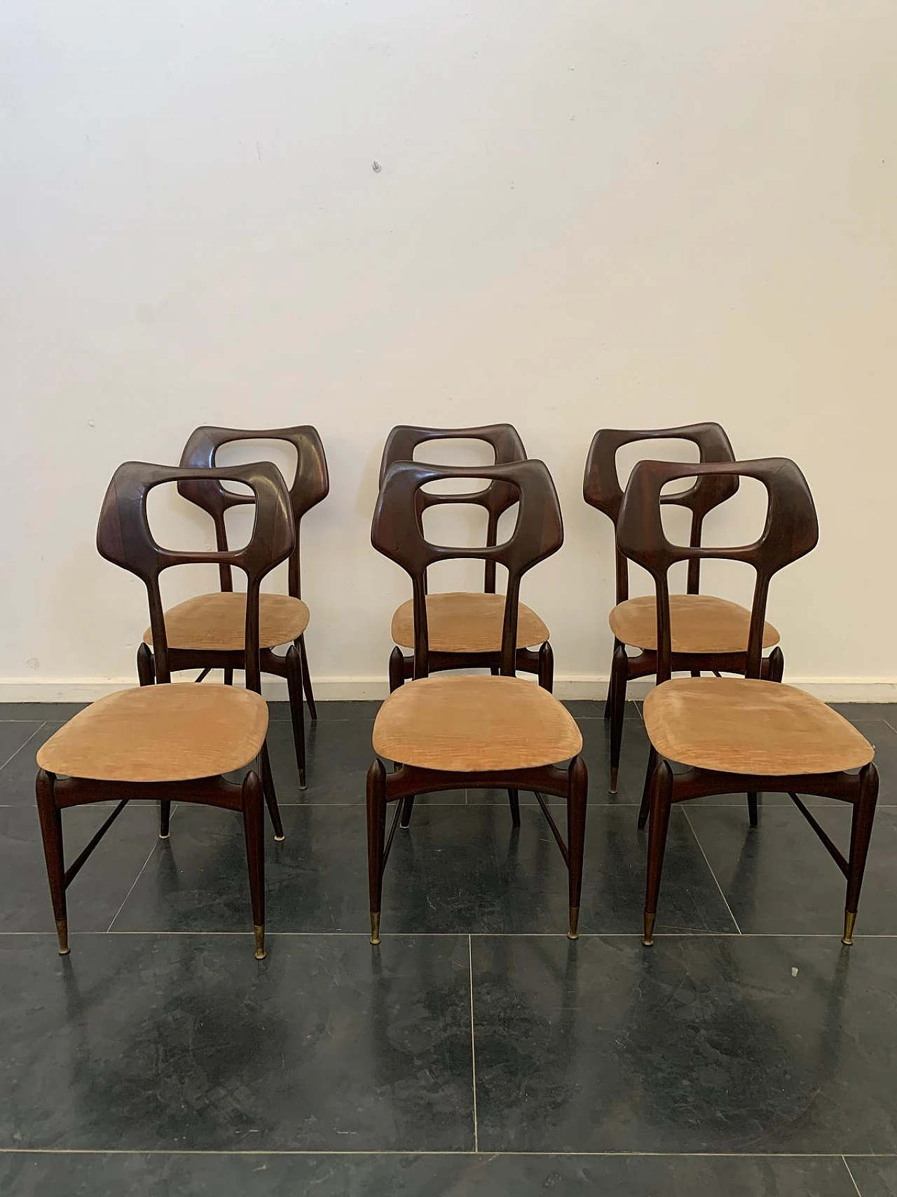 6 Mahogany chairs with brass tips, 1950s 2