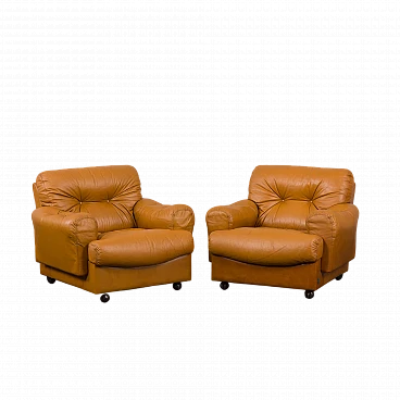 Pair of cognac leather lounge chairs by Busnelli, 1970s
