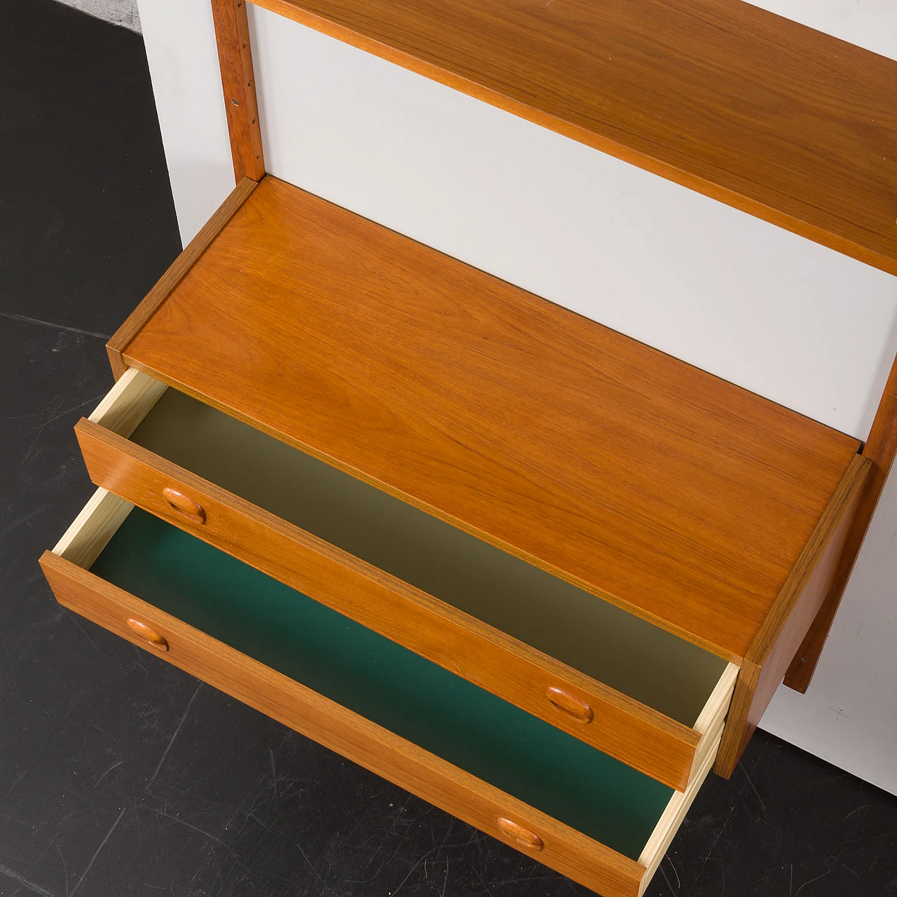 Console in teak con cassetti e mensole in stile Cadovius, anni '60 8