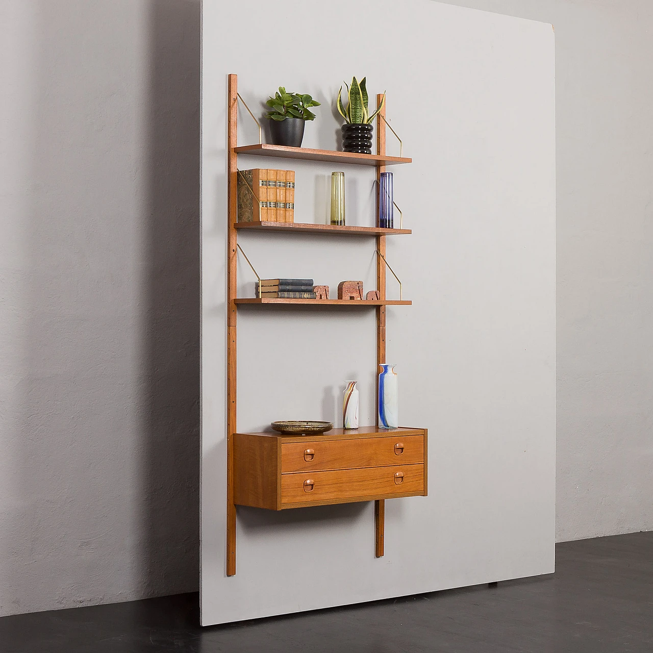 Teak wall console with drawers & bookshelves in Cadovius style, 1960s 12