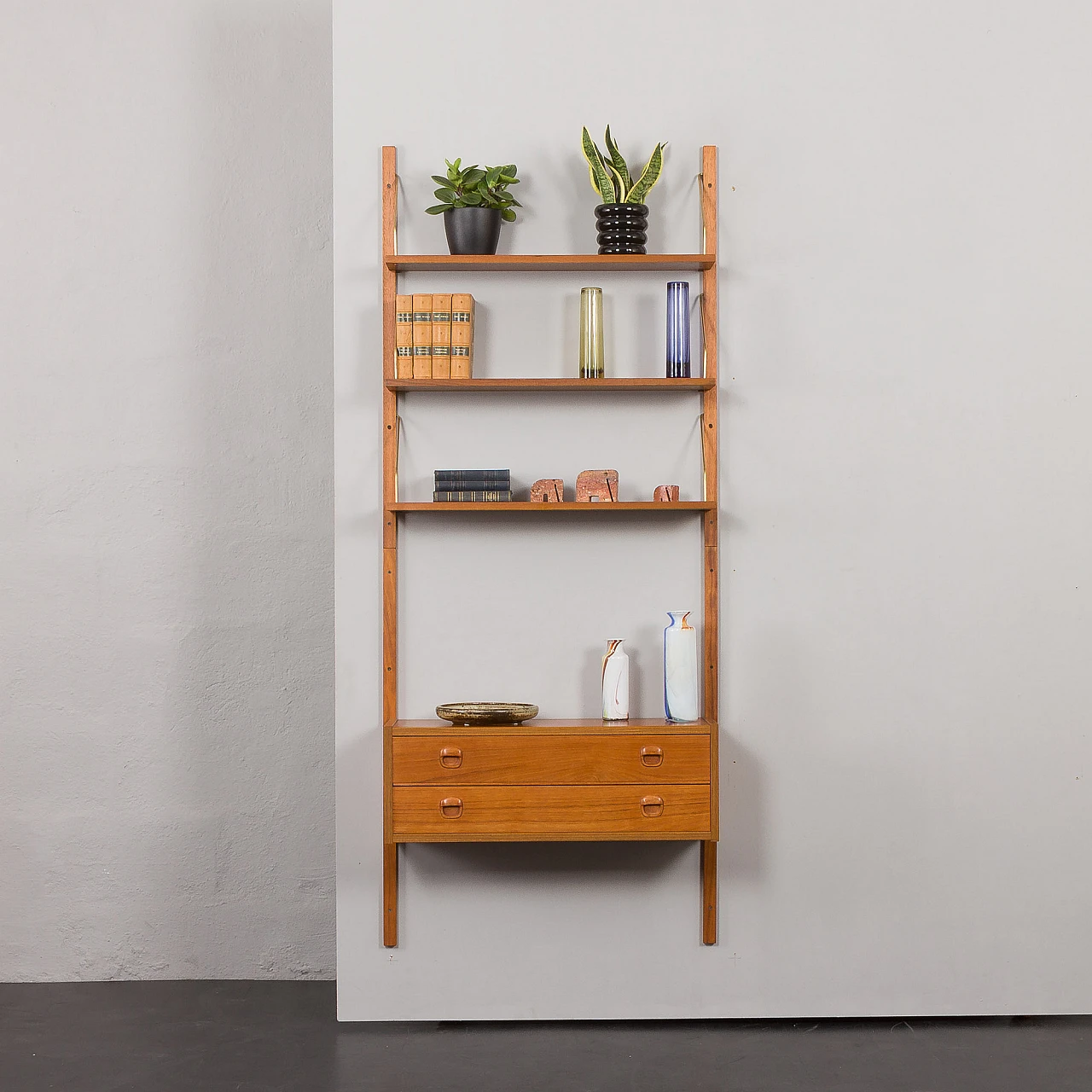 Teak wall console with drawers & bookshelves in Cadovius style, 1960s 13