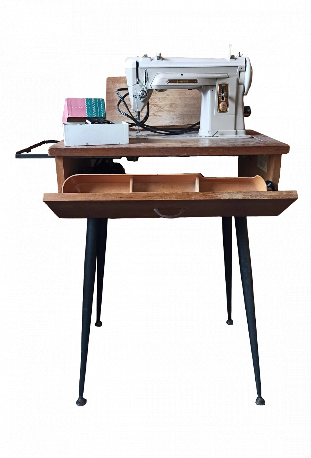 Singer sewing machine with folding work table, 1960s 21