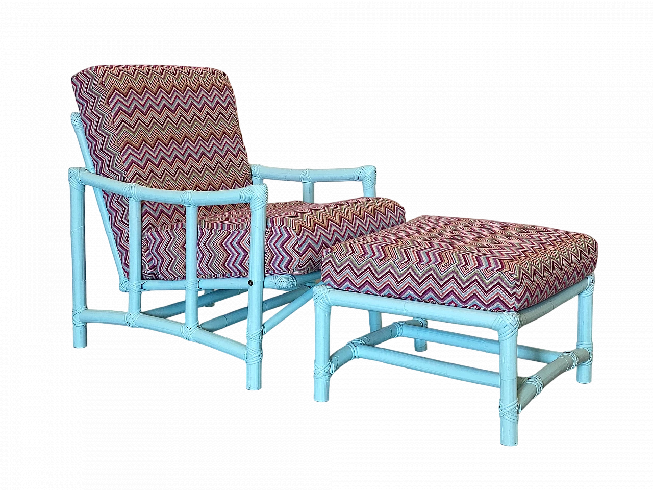 Missoni-style fabric and lacquered bamboo armchair and stool, 1970s 22