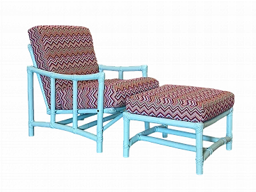 Missoni-style fabric and lacquered bamboo armchair and stool, 1970s