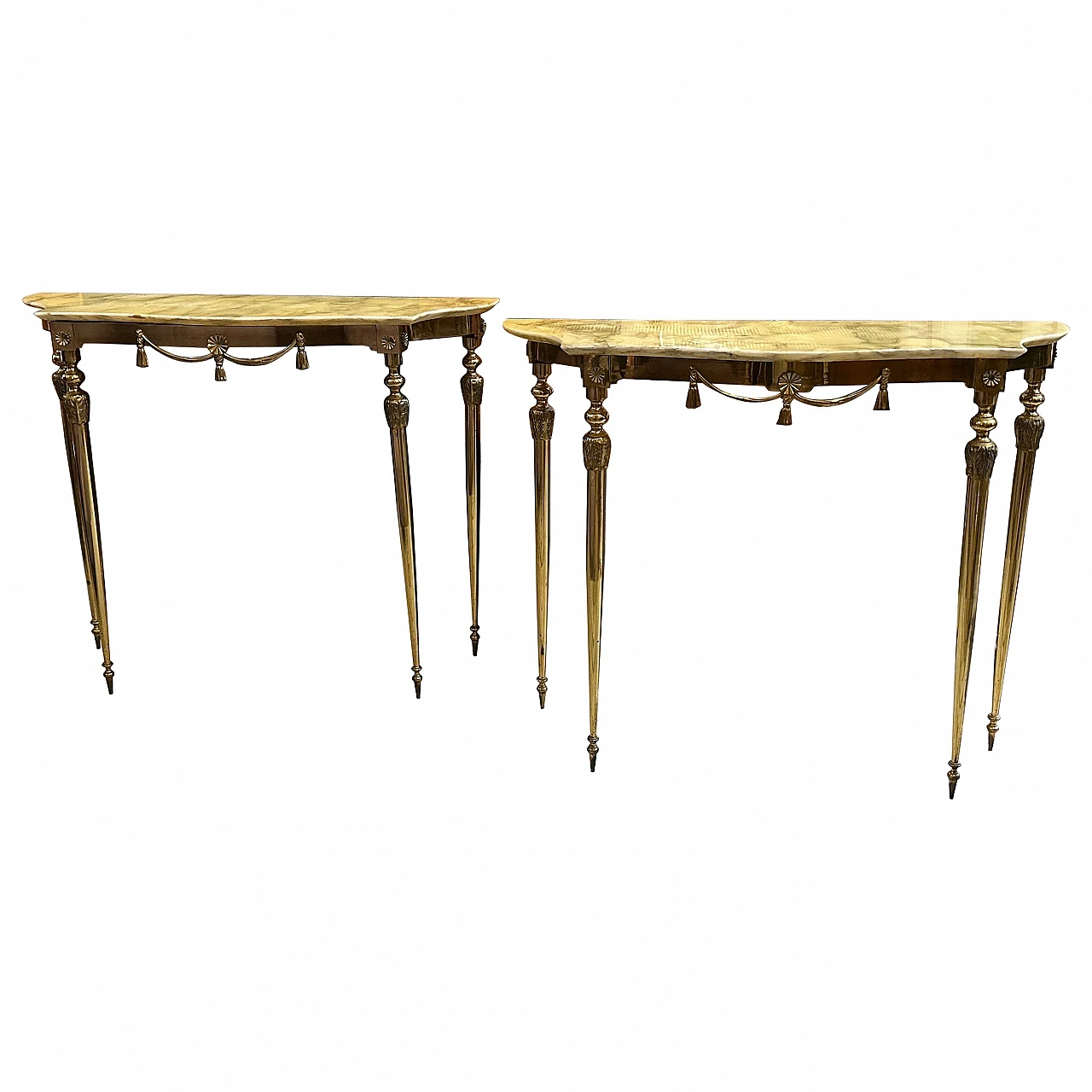 Pair of Neoclassical brass and onyx marble console tables, 1950s 1