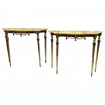 Pair of Neoclassical brass and onyx marble console tables, 1950s