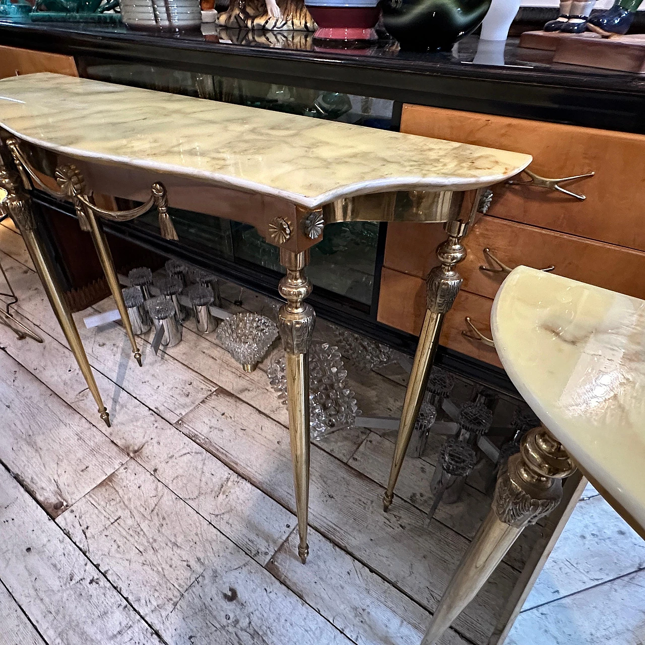 Pair of Neoclassical brass and onyx marble console tables, 1950s 3
