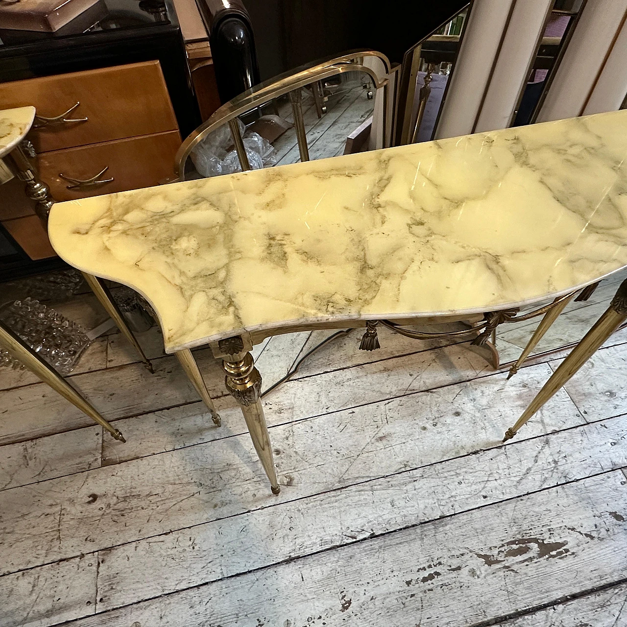Pair of Neoclassical brass and onyx marble console tables, 1950s 4