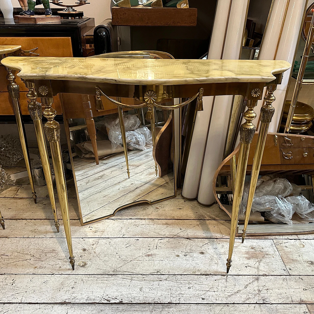 Pair of Neoclassical brass and onyx marble console tables, 1950s 5
