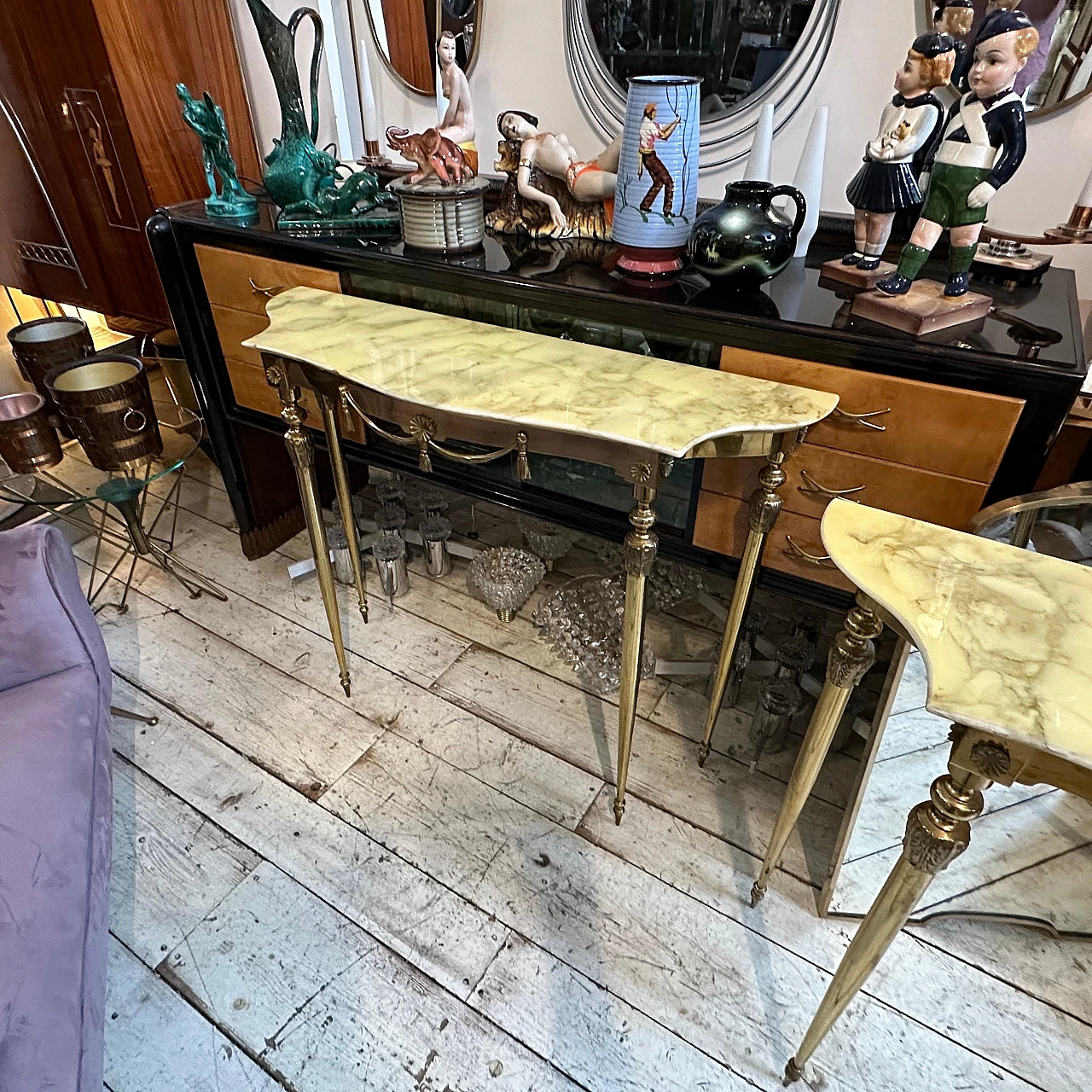 Pair of Neoclassical brass and onyx marble console tables, 1950s 9