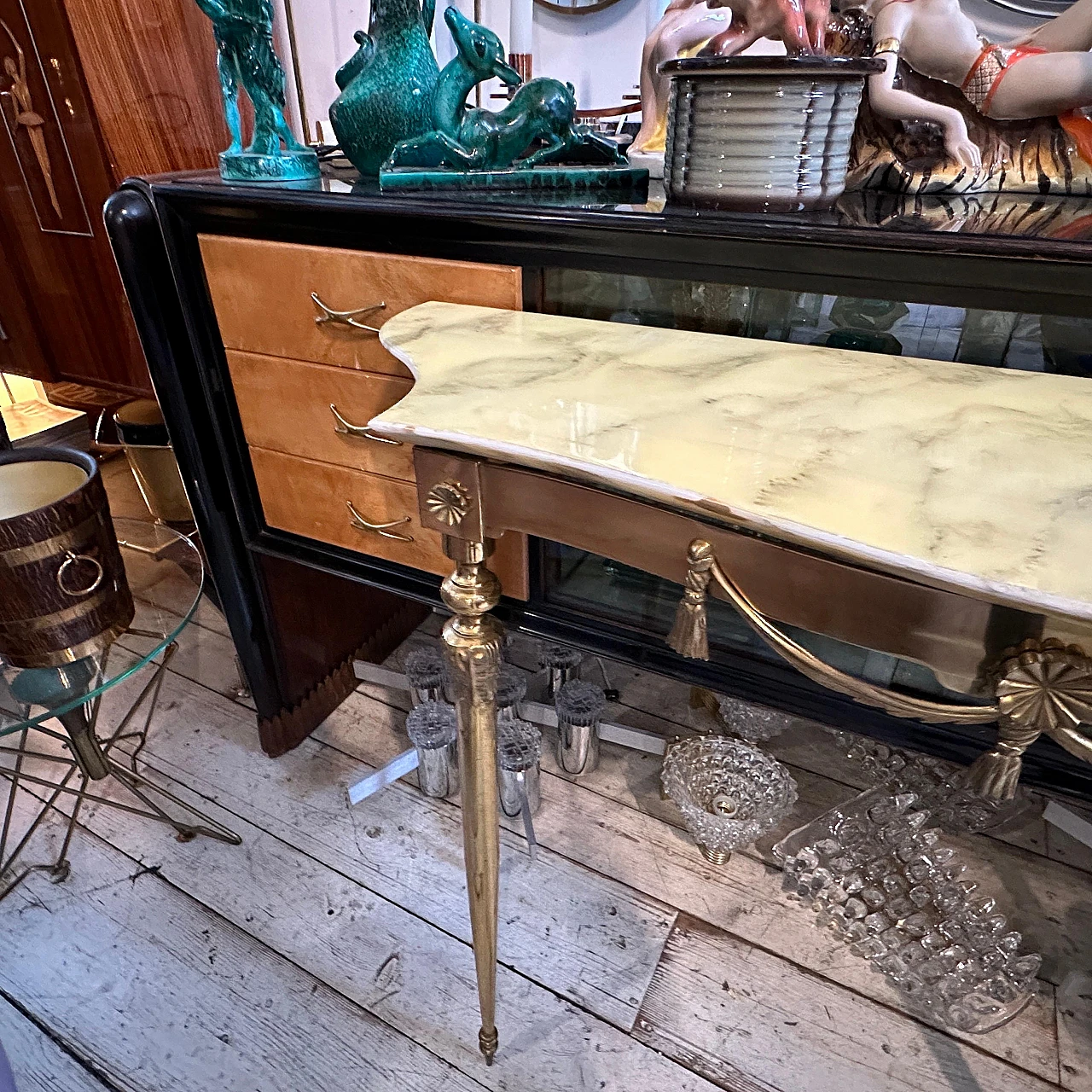 Pair of Neoclassical brass and onyx marble console tables, 1950s 10