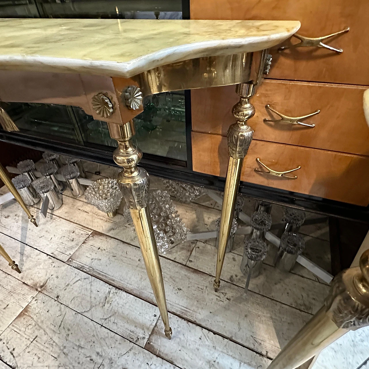 Pair of Neoclassical brass and onyx marble console tables, 1950s 15