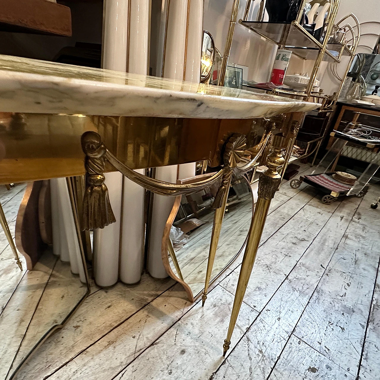 Pair of Neoclassical brass and onyx marble console tables, 1950s 17