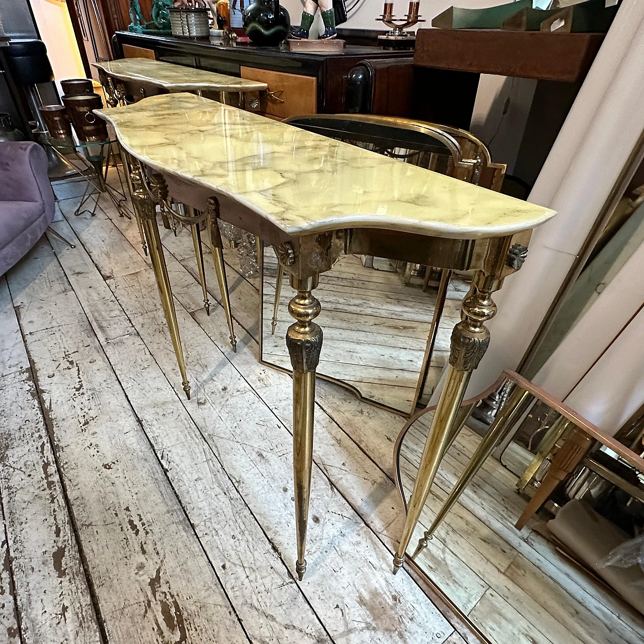 Pair of Neoclassical brass and onyx marble console tables, 1950s 19