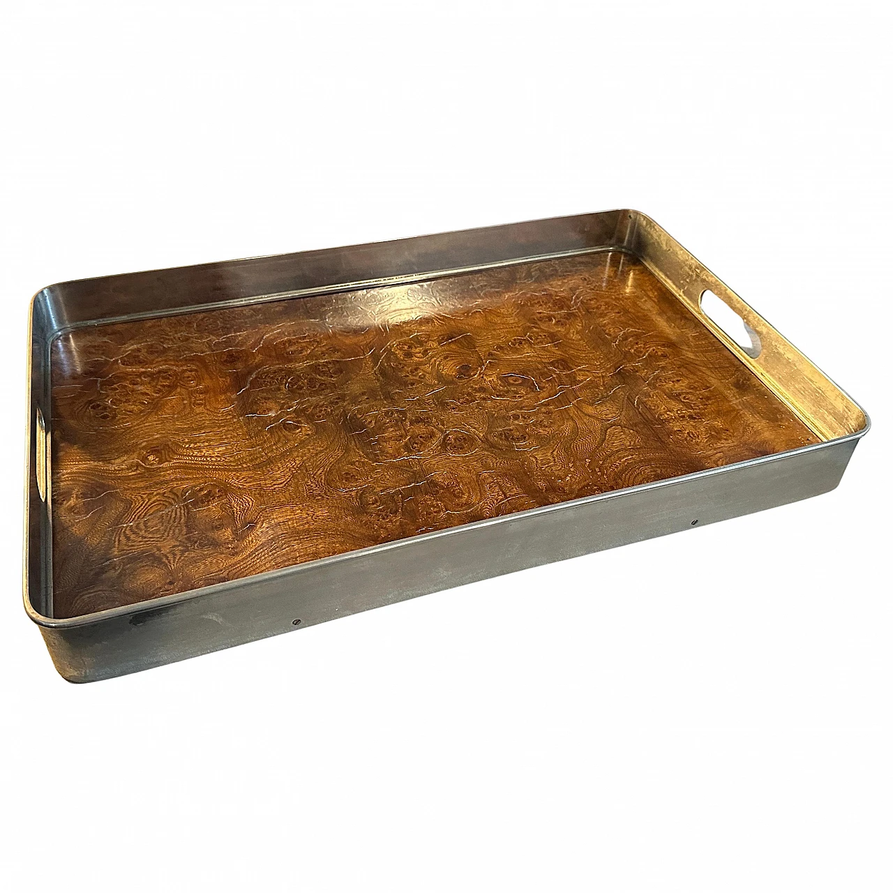 Thuja-root and silver-plated metal tray, 1980s 1