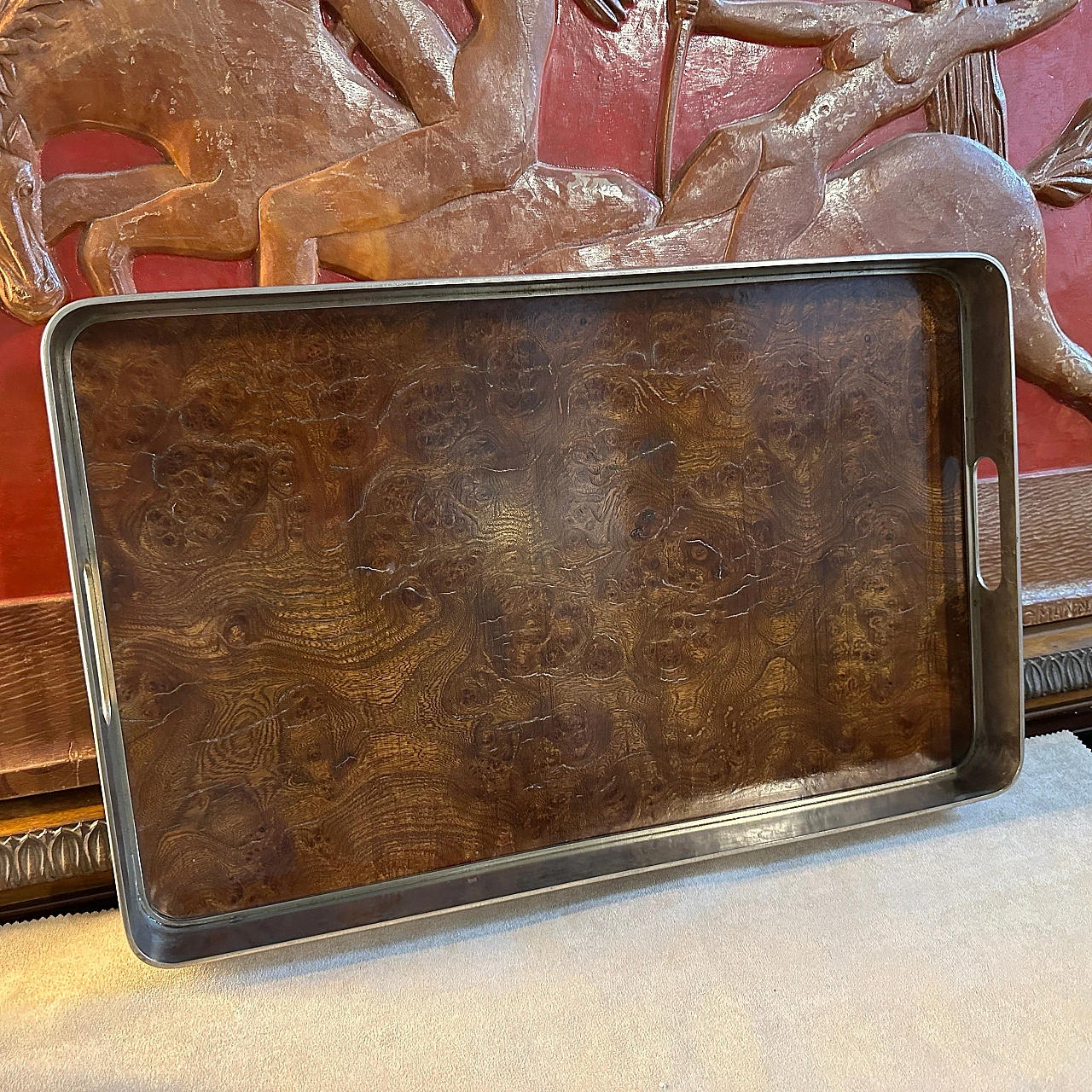 Thuja-root and silver-plated metal tray, 1980s 2