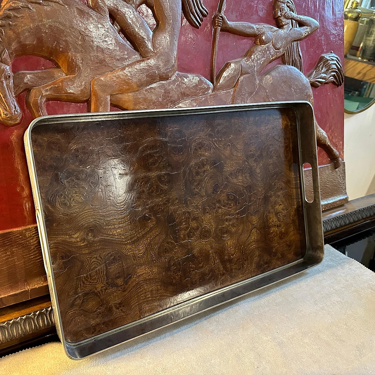 Thuja-root and silver-plated metal tray, 1980s 4