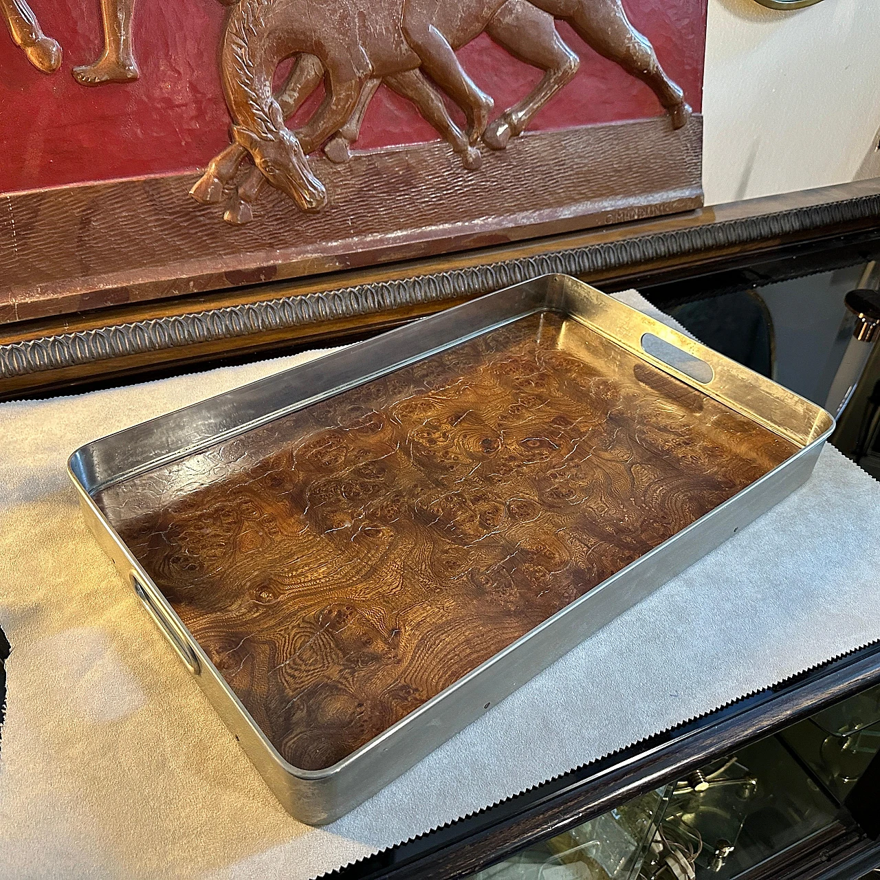 Thuja-root and silver-plated metal tray, 1980s 9