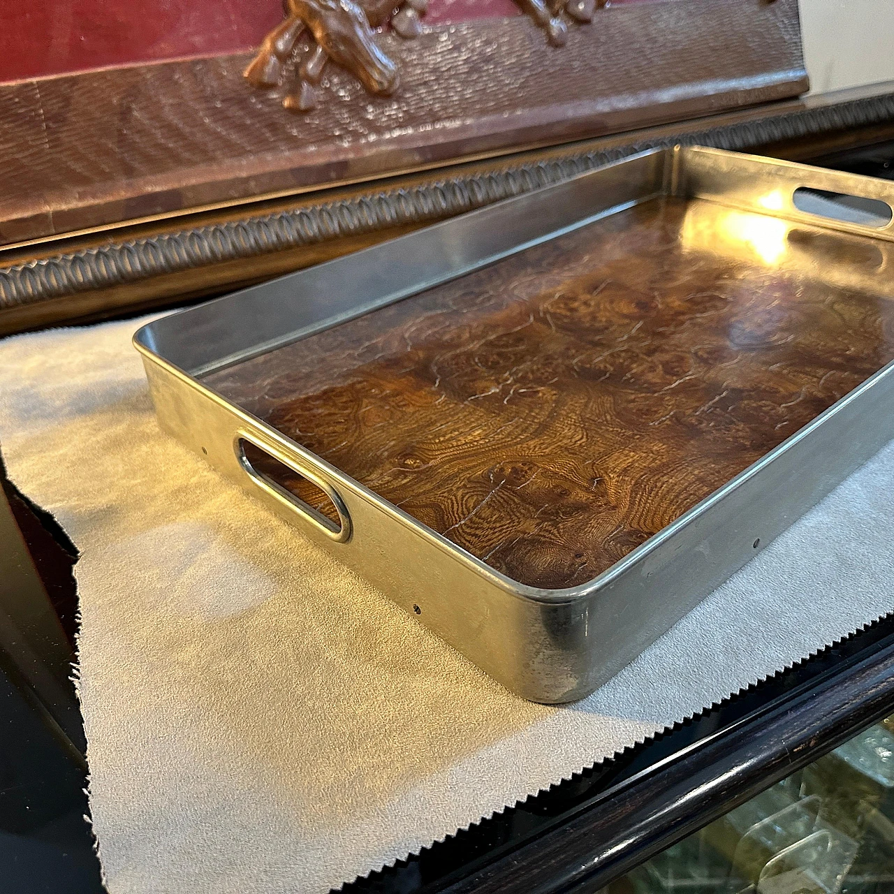 Thuja-root and silver-plated metal tray, 1980s 10