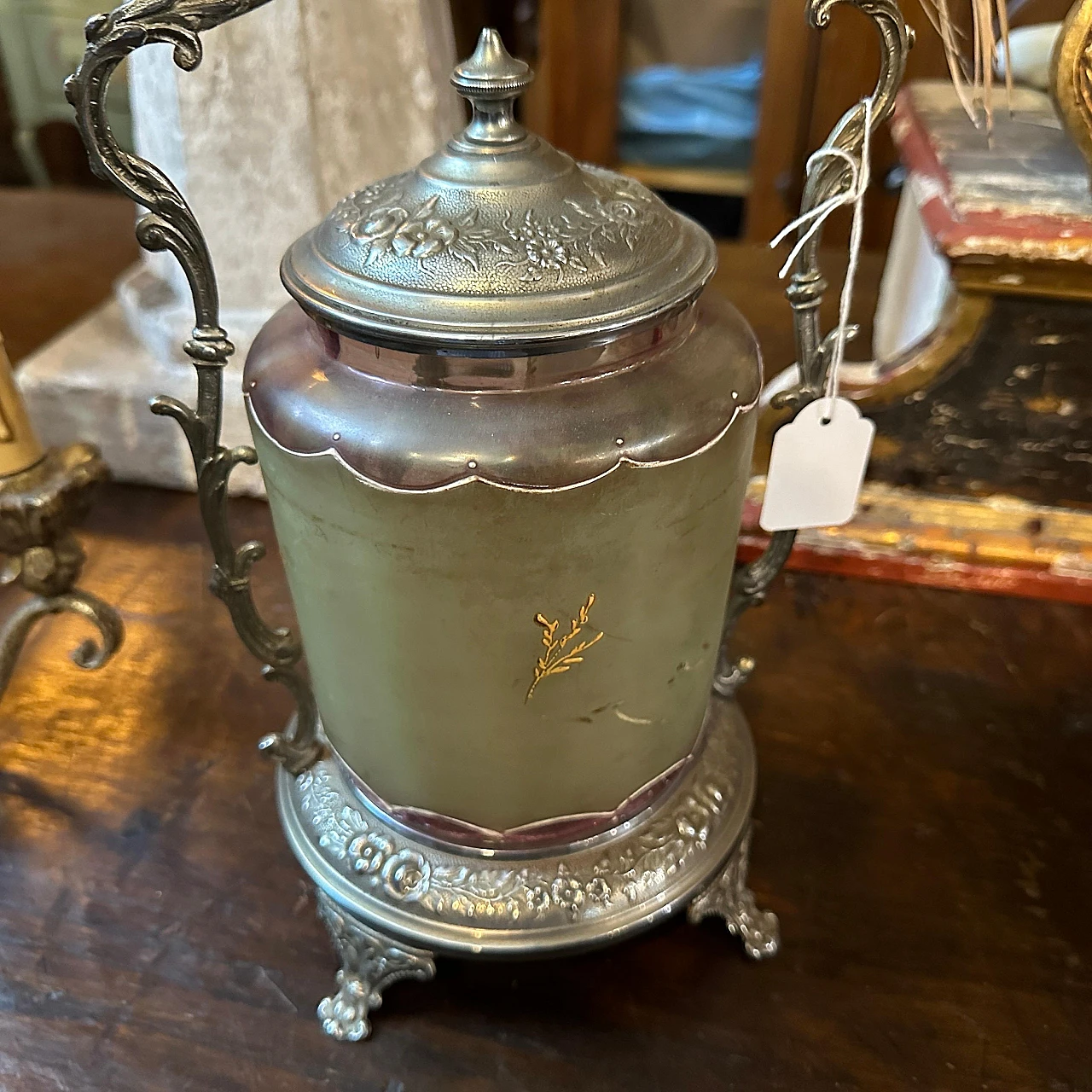 Art Nouveau metal and glass cookie jar, early 20th century 4