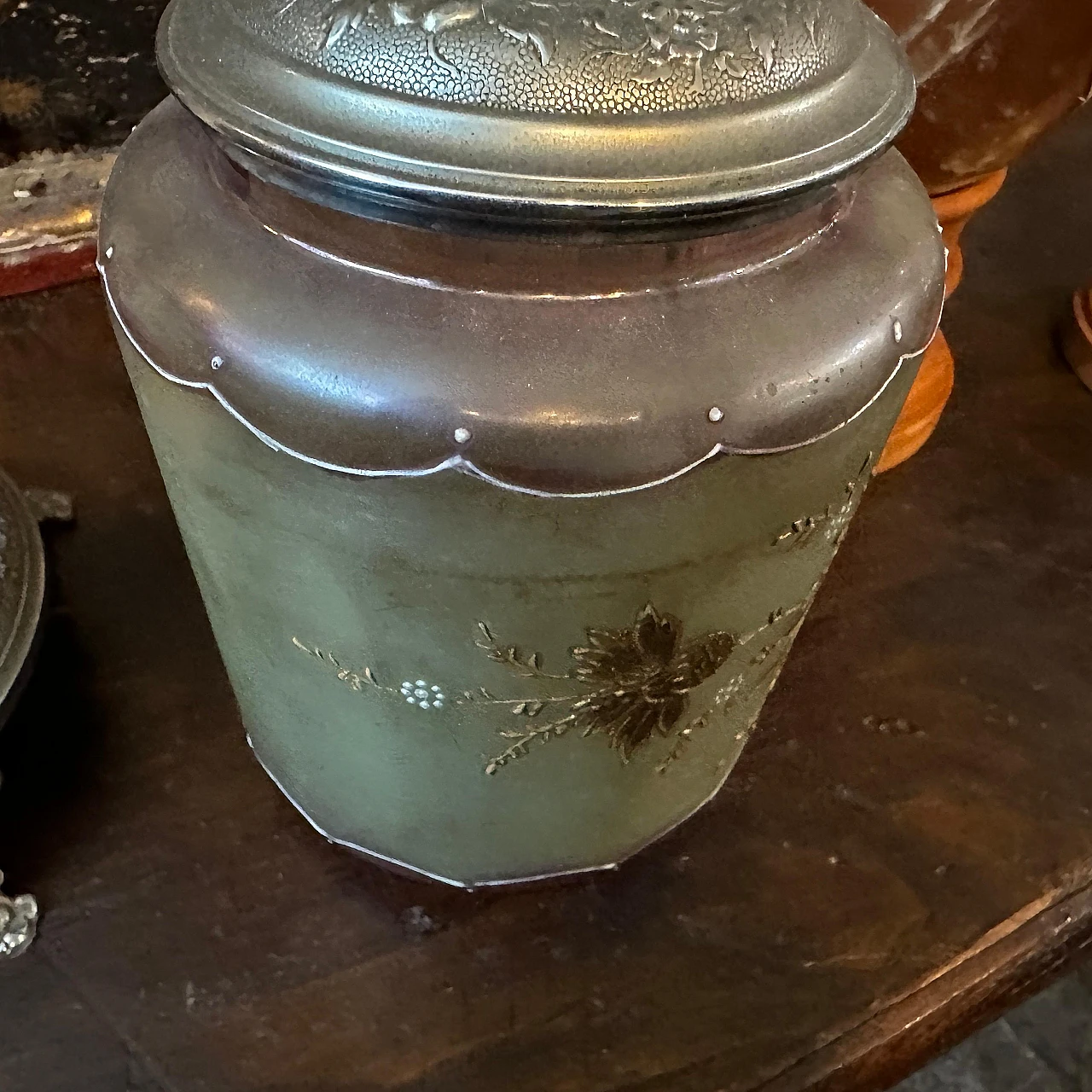 Art Nouveau metal and glass cookie jar, early 20th century 7