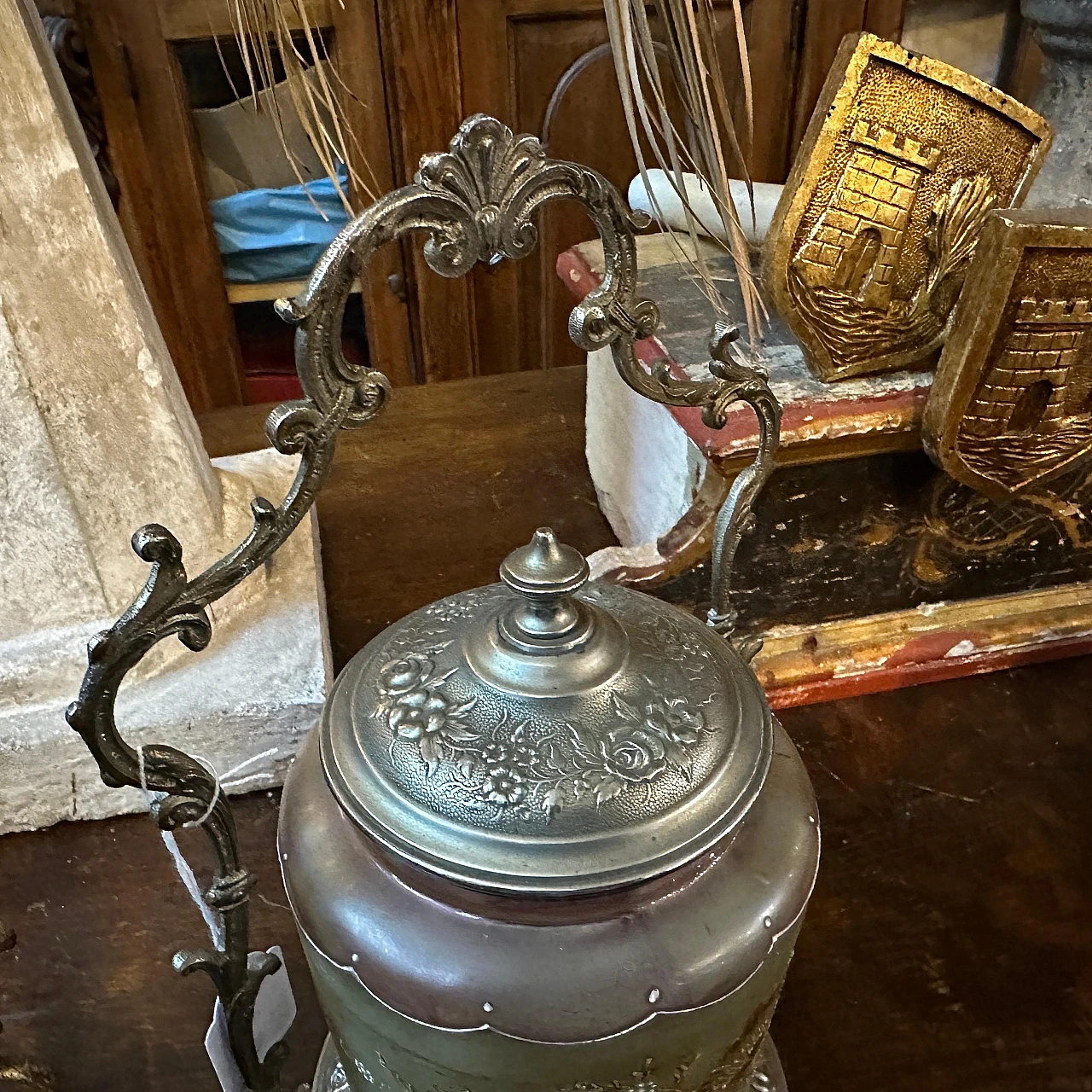 Art Nouveau metal and glass cookie jar, early 20th century 9