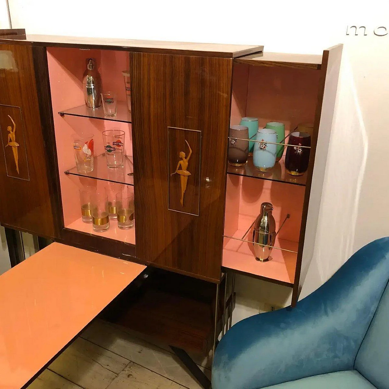 Wood bar cabinet with door convertible into side table, 1950s 2