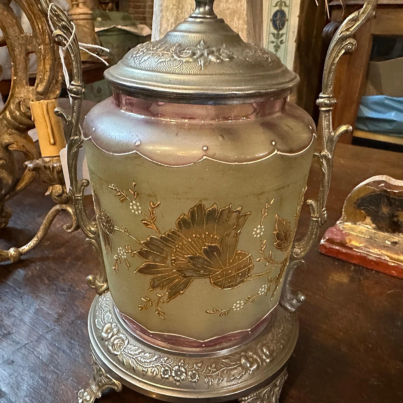 Art Nouveau metal and glass cookie jar, early 20th century 12