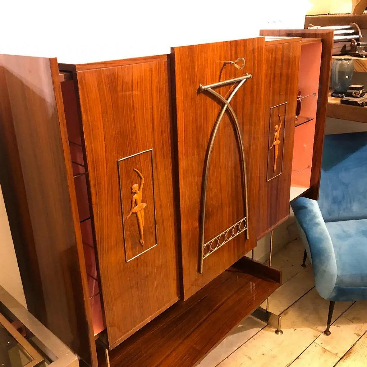 Wood bar cabinet with door convertible into side table, 1950s 4