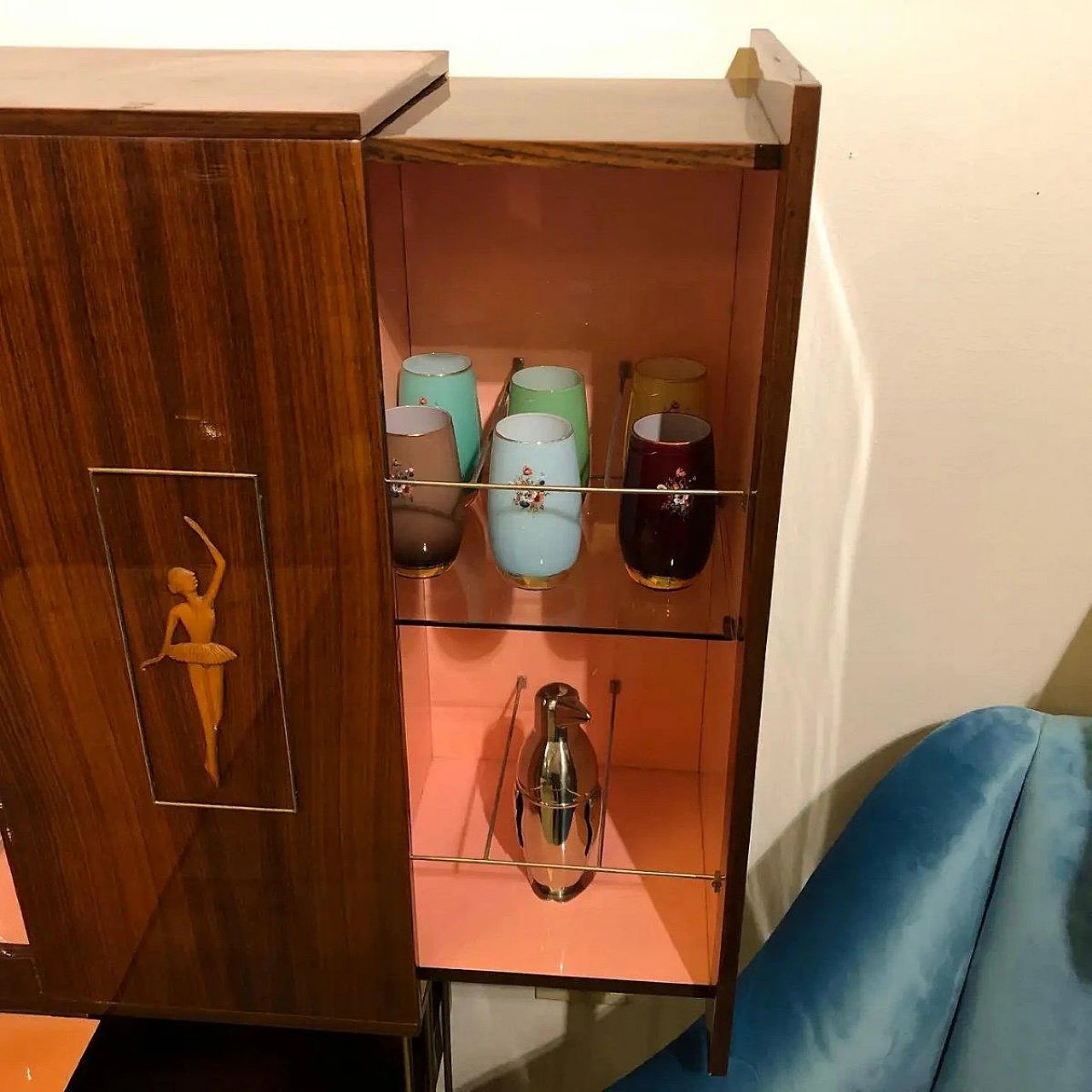 Wood bar cabinet with door convertible into side table, 1950s 5