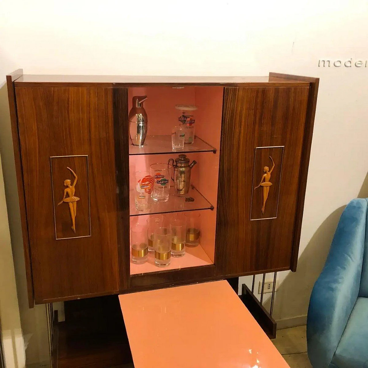 Wood bar cabinet with door convertible into side table, 1950s 9