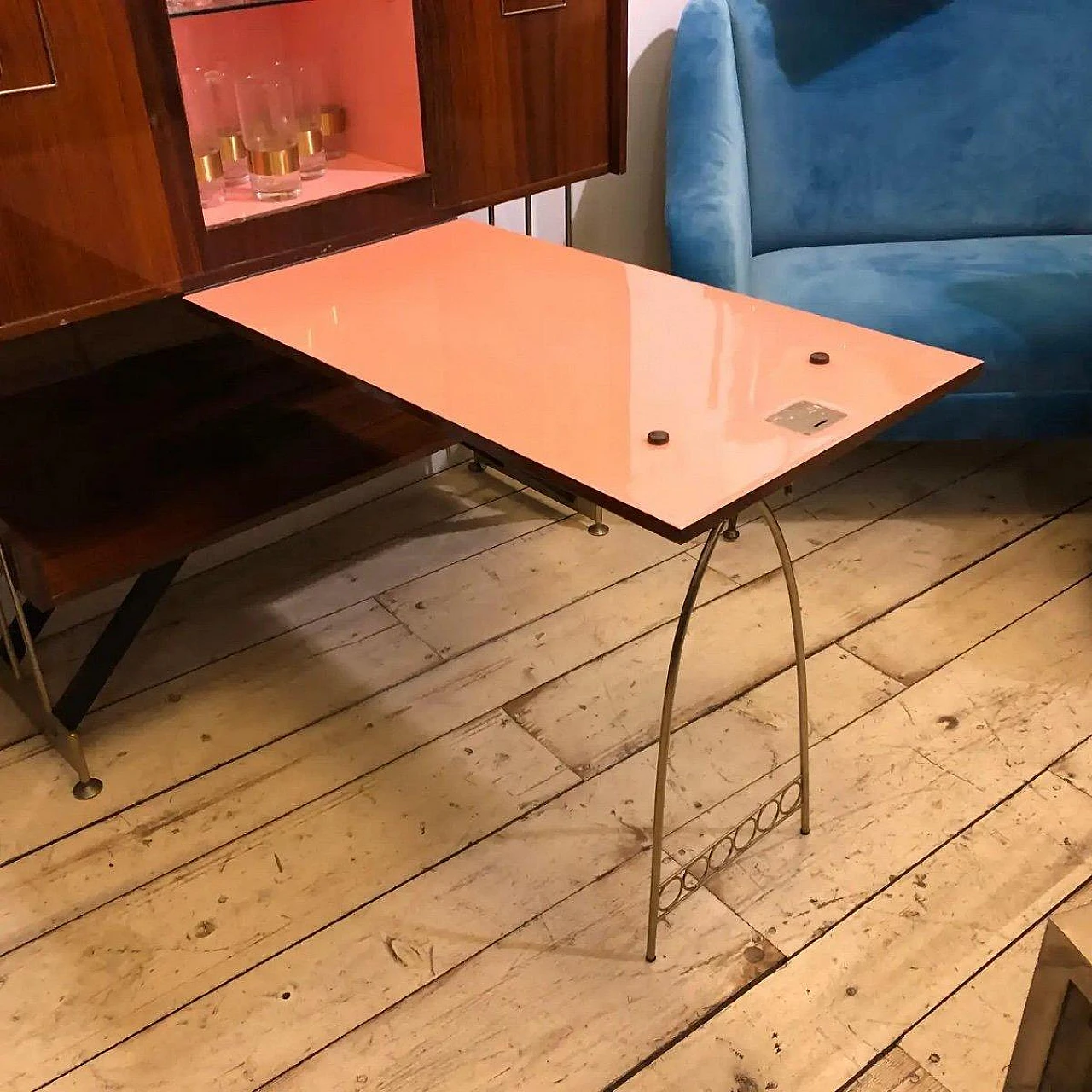 Wood bar cabinet with door convertible into side table, 1950s 10